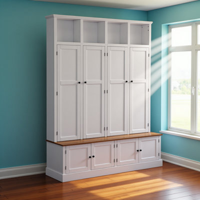 76.7''h Farmhouse Hall Tree With Bench And Cabinet, 4-in-1 Entryway Bench With Coat Rack, Modern Entryway Storage Organizer With Open Cubbies & Hooks For Hallway, Entryway, Living Room