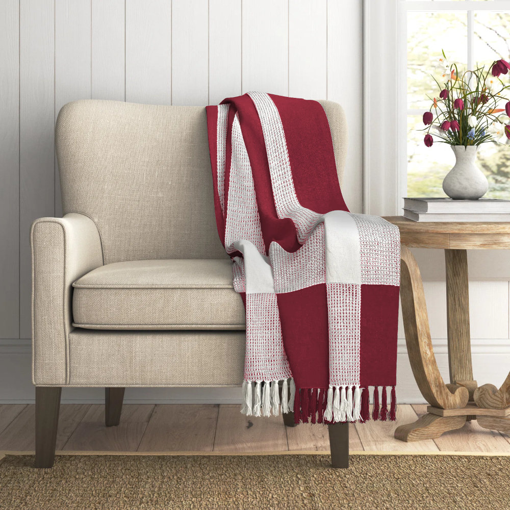 Plaid Cotton Throw Blanket, Red