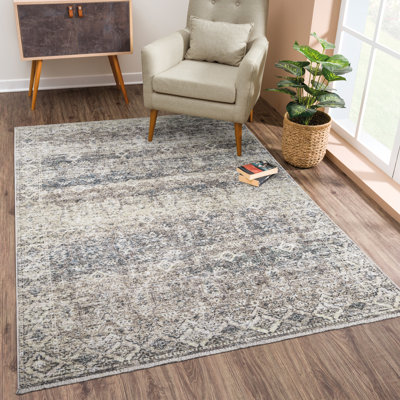 Washable Non-Slip Area Rug - Beige Brown / Teal Traditional Oriental Area Rug for Entryway, Hallway, Bathroom, and Kitchen