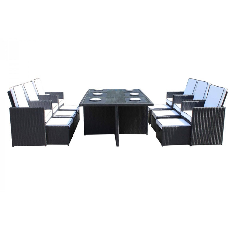 Wren 6 - Person Wicker Patio Dining Set with Square Table , Cushions Included, Black/Vanilla