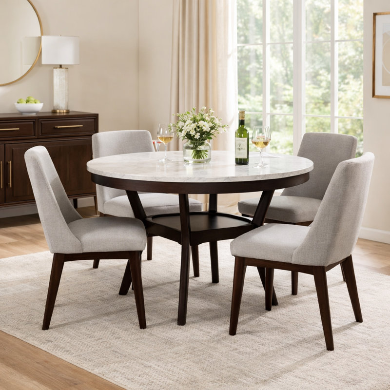 Round Faux Marble Top Solid Wood Base Dining Table