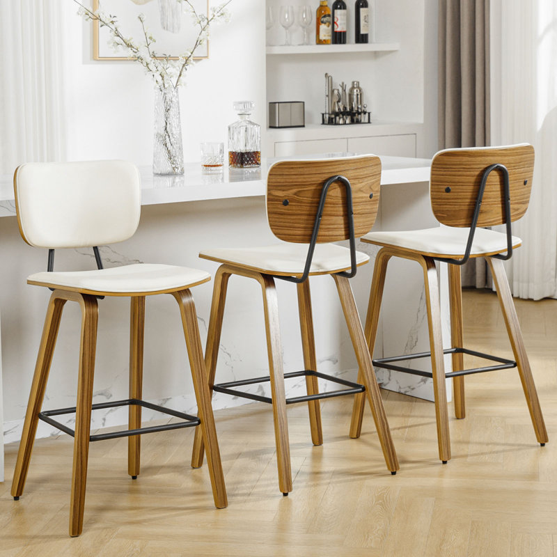 Cream PU Leather Upholstered Counter Stools with Walnut Wood Legs
