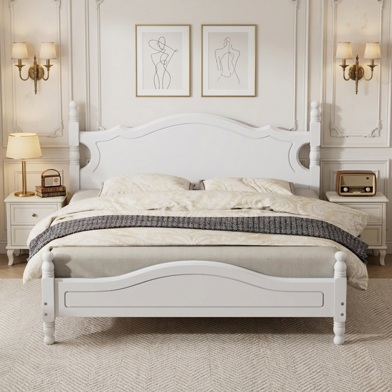 Lit plateforme rétro en bois avec lattes, Blanc, Grand lit