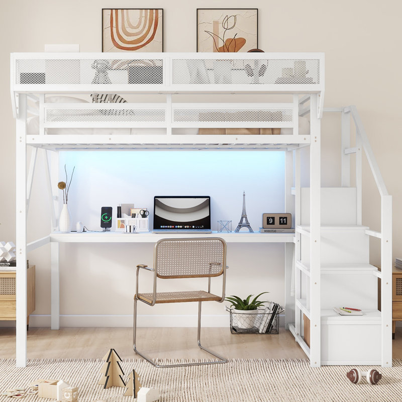 Lit mezzanine double en métal avec bureau, station de charge, escalier et lumière DEL, lit plateforme pour enfants et adolescents, blanc