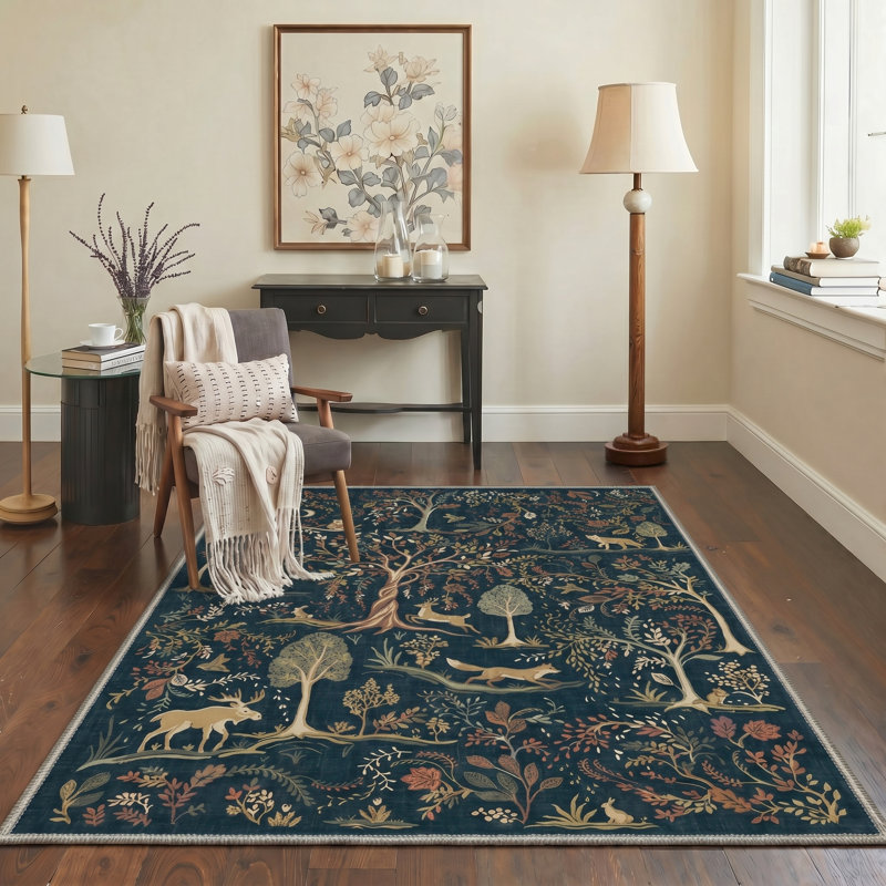 Tapis lavable à la machine Woodland Animals Botanical Forest, Rectangle 120 " x 96 "