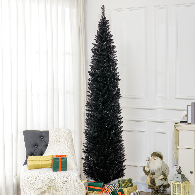 Arbre de Noël mince 8 pi, noir, 618 branches, arbre artificiel avec base en plastique flexible