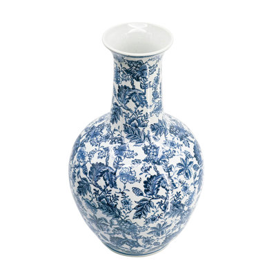 Macy Accent Flower Vase, Traditional Floral Blue White Porcelain 24 Inch