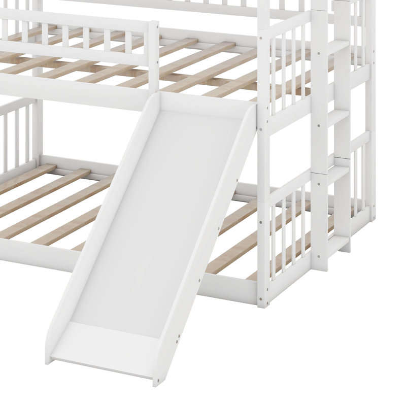 Lit superposé triple double / double / double avec échelle convertible et glissade, lit superposé triple en bois massif avec garde-corps pour 3, espace maximisé