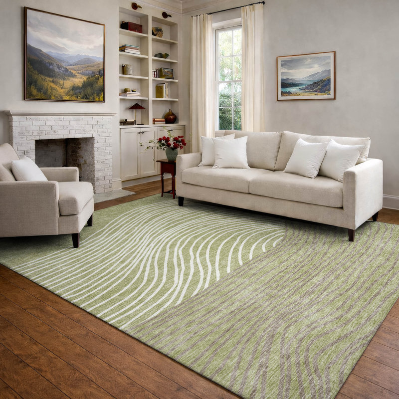Premium Machine Washable Mayfield AMF2350 Stripes Rug, Aloe, 5' x 7'6"