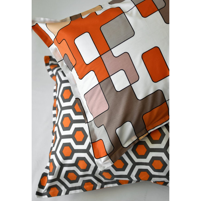 Orange and Taupe Geometric Cotton Queen Duvet Cover Set