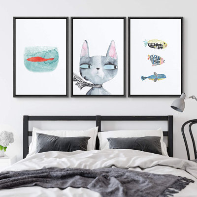 Nautique, animaux, IDÉE4WALL, ensemble de reproductions d'art encadrées, aquarelle, poissons et chats, nature, nature sauvage, illustrations, art moderne, paysage minimaliste, pastel coloré pour le salon, la chambre à coucher, le bureau