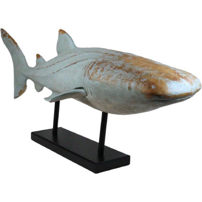 Large Nautical Marine Whale Shark Faux Wood Sculpture On Black Stand 37" Long