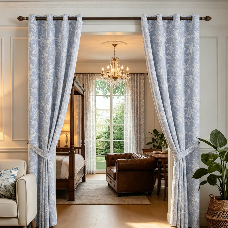 Luxury Blue Floral Jacquard Blackout Curtains 132x213 cm (2 Panels)
