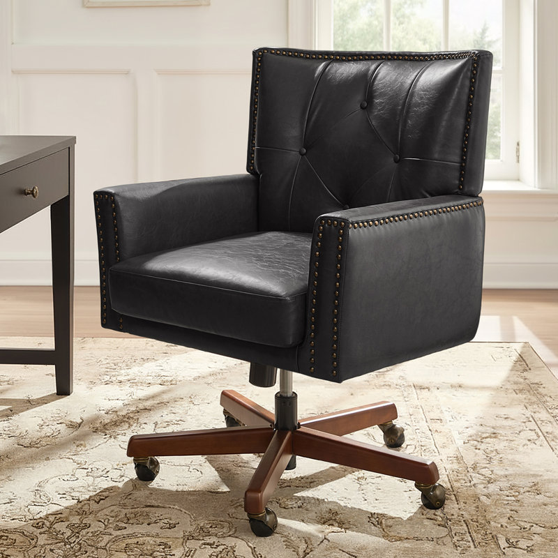 Meroy Transitional Simple Assemble 360° Swivel Tilting Office Chair with Solid Wood Legs, Black