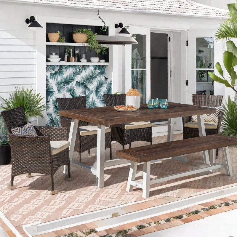Lebo Rectangular 6 - Person 71" Long Dining Set with Cushions, Dark Brown/White