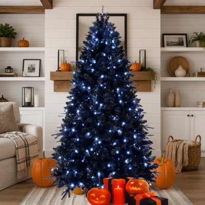 Sapin de Noël noir de 2,4 m avec 600 lumières DEL blanches, 2486 branches en PE+PVC pour la décoration d'Halloween et des fêtes, structure articulée