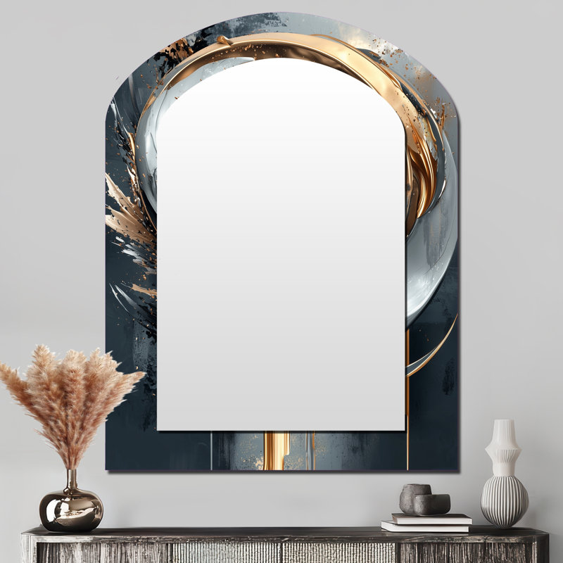 Noir et doré, lignes de lune I - miroir mural arqué de formes abstraites, miroir décoratif asymétrique doré, impression d'art en métal