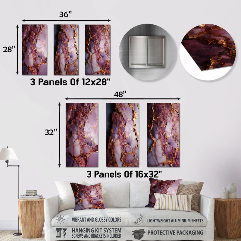 Agate rose et marbre rose I - ensemble d'art mural abstrait en métal de 3, H 32 po x l 48 po