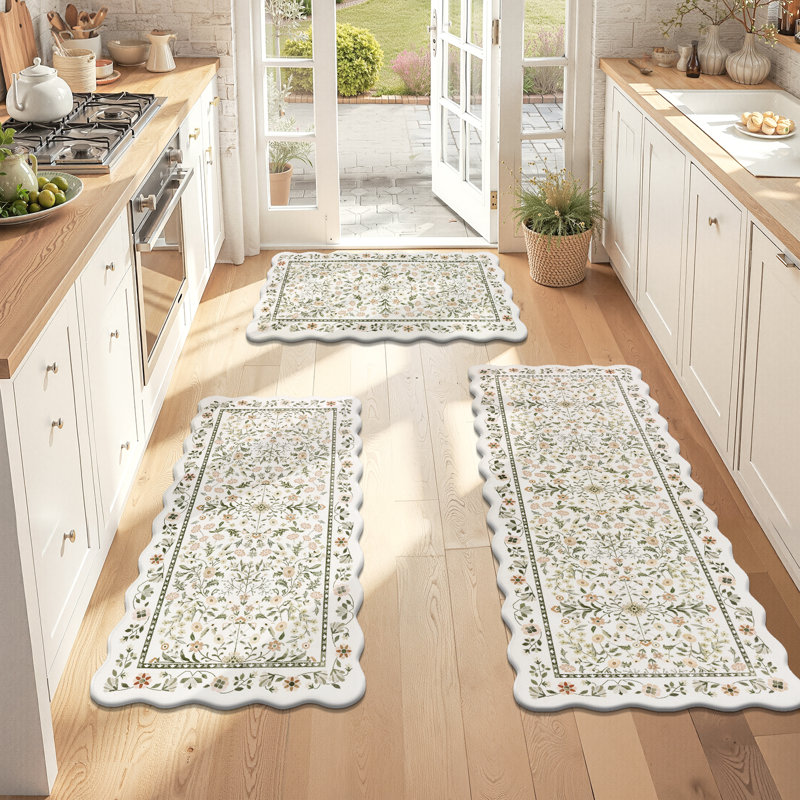 Anti-Fatigue Non-slip Kitchen Mat (Set of 3), Cream/Green