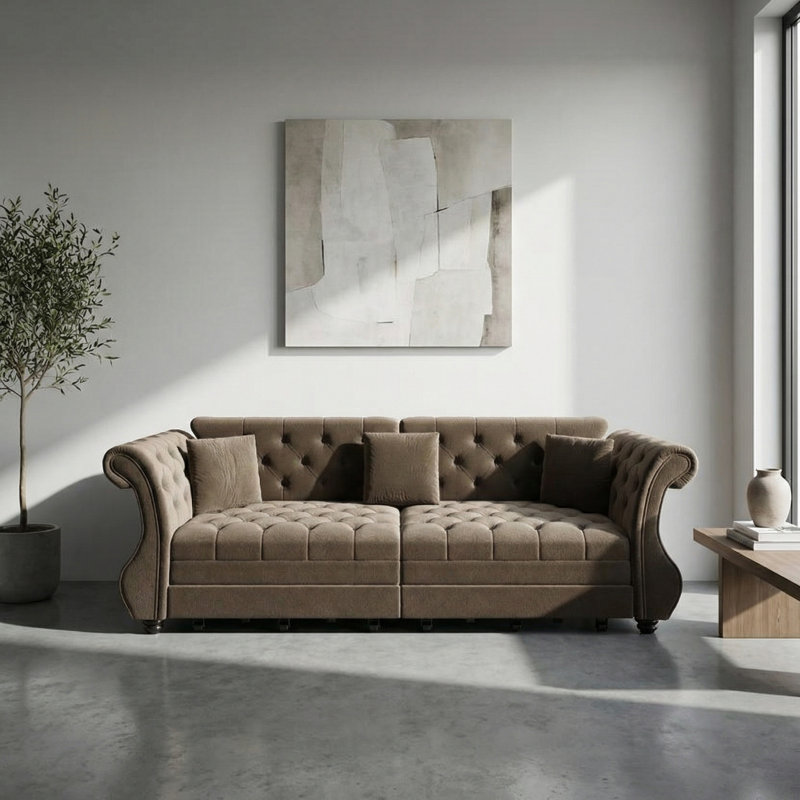 Canapé-lit Chesterfield 97,6 po convertible en velours à accoudoirs roulés, prêt pour plusieurs pièces, brun, Brun, Velours