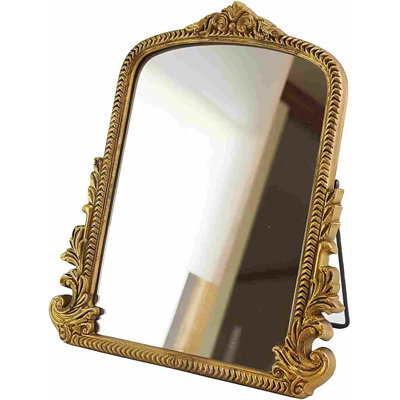 Small Vintage Vanity Makeup Desk Mirror, Antique Traditional Arch Table Mirror in Gold, Decorative Wood Carved Mirror for Living Room Bedroom Tabletop 11.8" x 9.6"