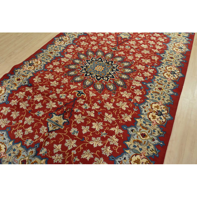 Tapis traditionnel en laine rouge noué à la main 7 pi 1 po x 10 pi Kashan