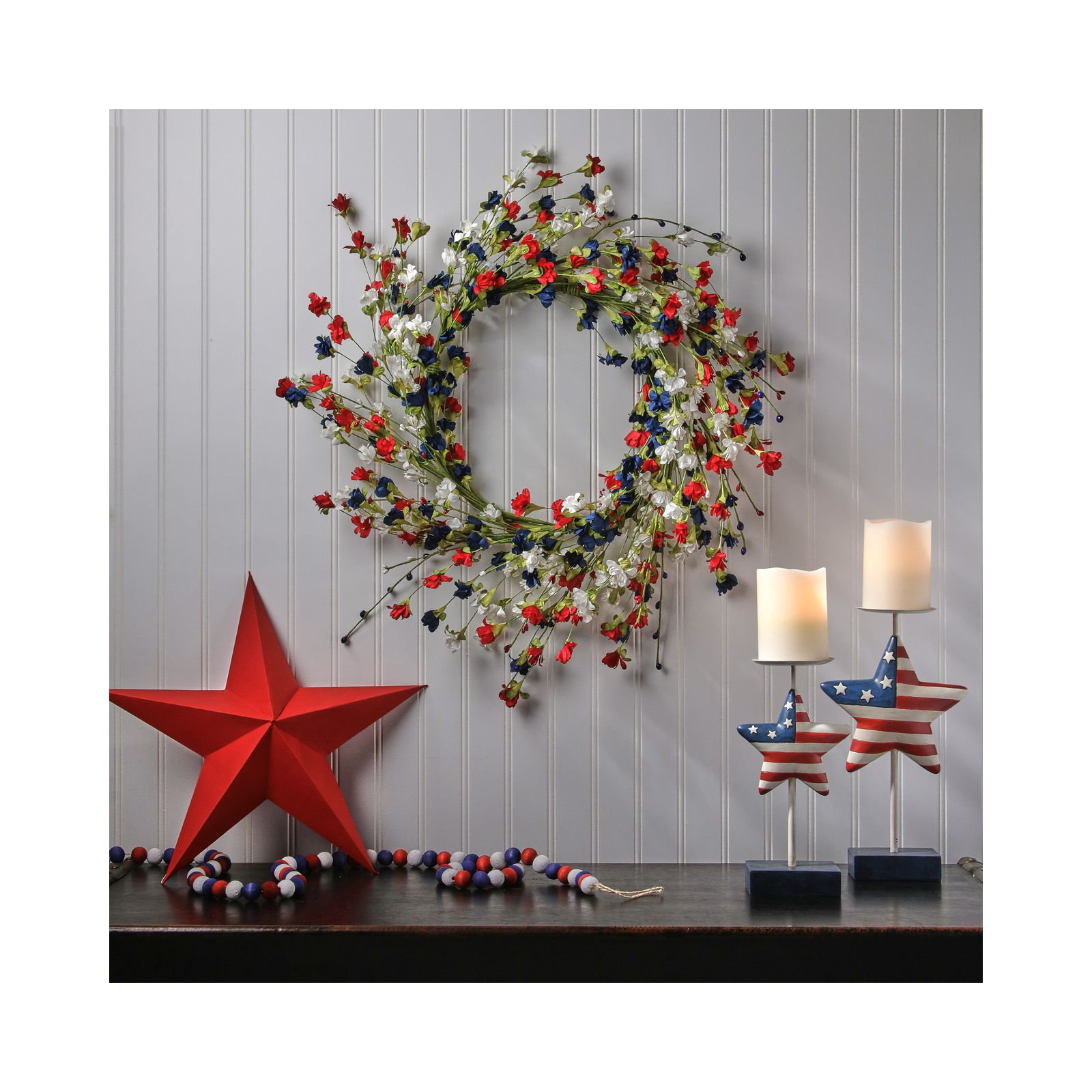 22" Wild Summer Blossom Wreath, Blue, Red, White