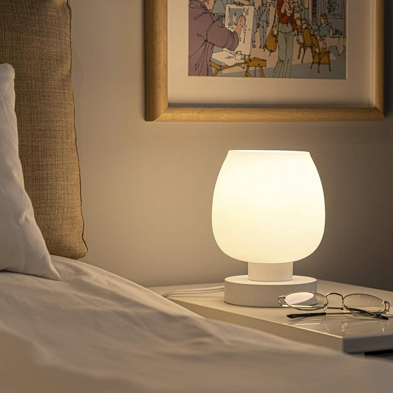 Small Modern White Opal Glass Touch Bedside Lamps with USB Ports