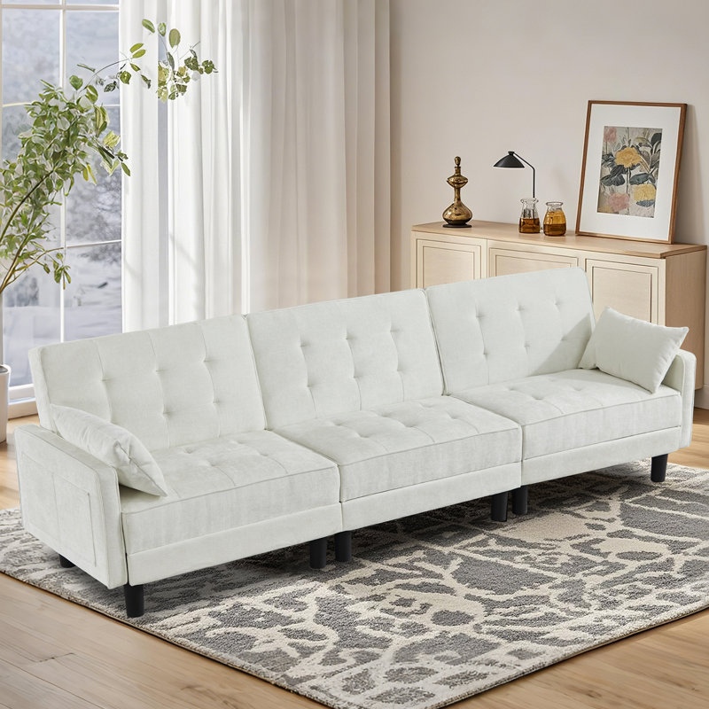 Canapé convertible capitonné en chenille de 104 po de large avec dossier réglable pour salon, Chenille blanche