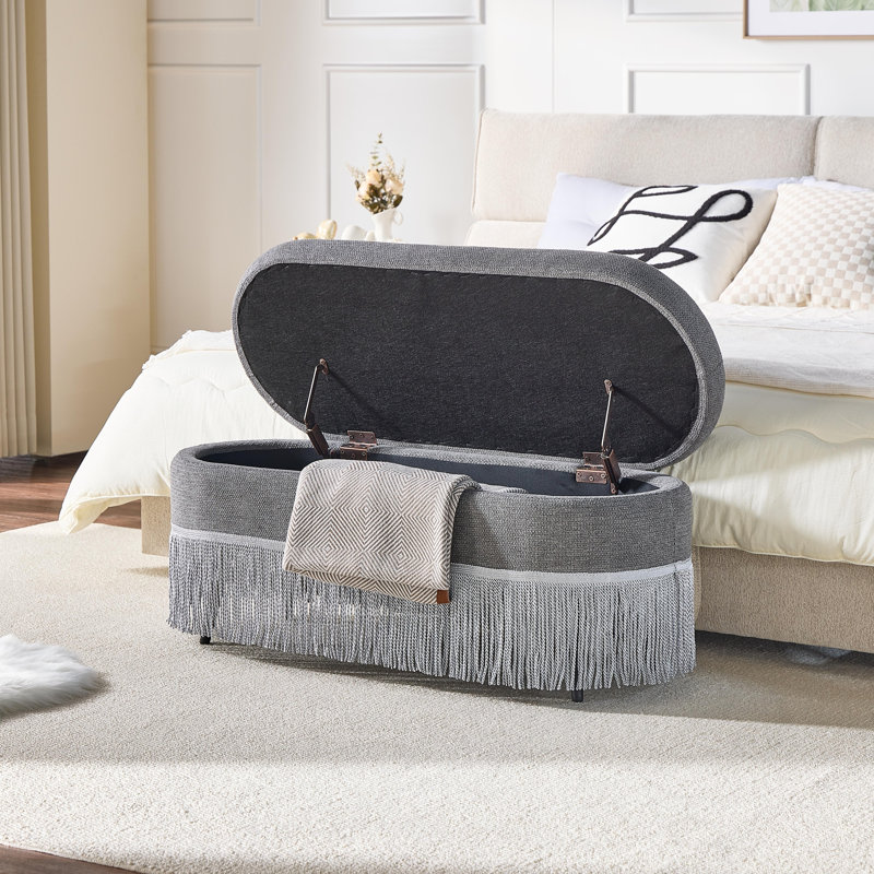 Banc de rangement ovale rembourré avec couvercle relevable, Grey, Grey