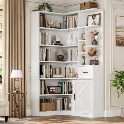 74'' Corner Bookshelf, 6-Tier L-Shaped Shelf w/ Drawer Storage, Open Display for Home Office