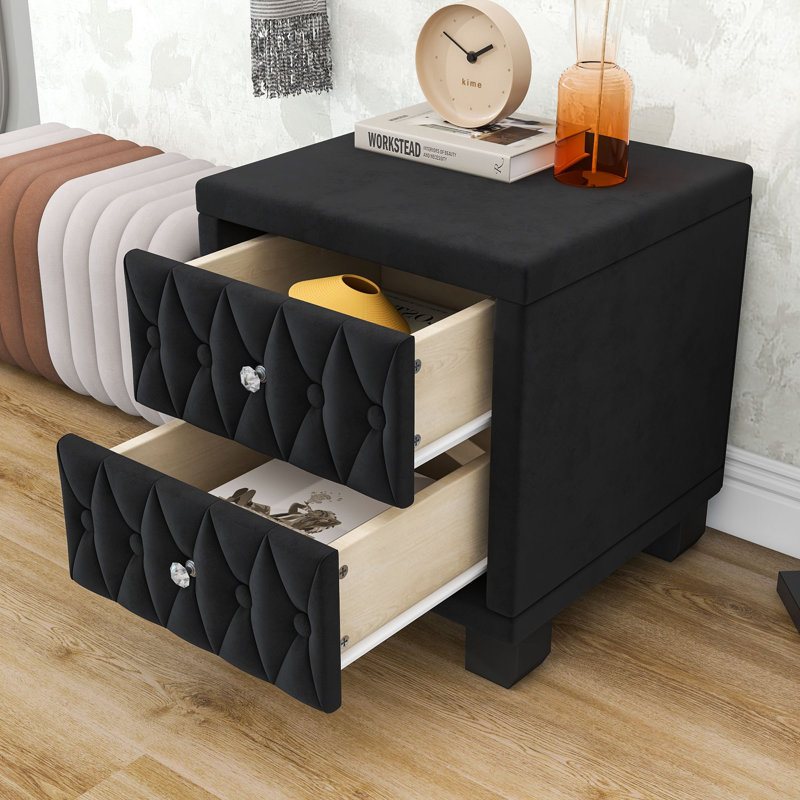 Tables de chevet, table de chevet étroite traditionnelle avec 2 tiroirs, Noir