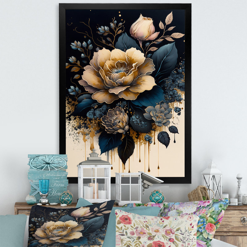 Bleu marine et rose doré I - reproduction sur toile, Toile encadrée noire à coins fermés, H 44 po x l 34 po x P 1,5 po