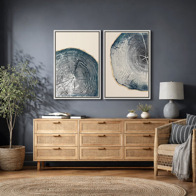 Tree Ring "Navy Blue Wood Stump Artwork, Simple Modern Rustic Wall Pictures, Framed Canvas Giclee Print 2 Pieces Wall Art Set" 16x24x2 pcs, 24x36x2 pcs