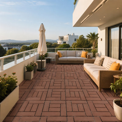 Dalles de terrasse emboîtables 30,5 x 30,5 cm (paquet de 44) - Revêtement de sol modulaire en polypropylène brun pour usage intérieur et extérieur, installation facile à faire soi-même, dalles pour terrasse, balcon et cour