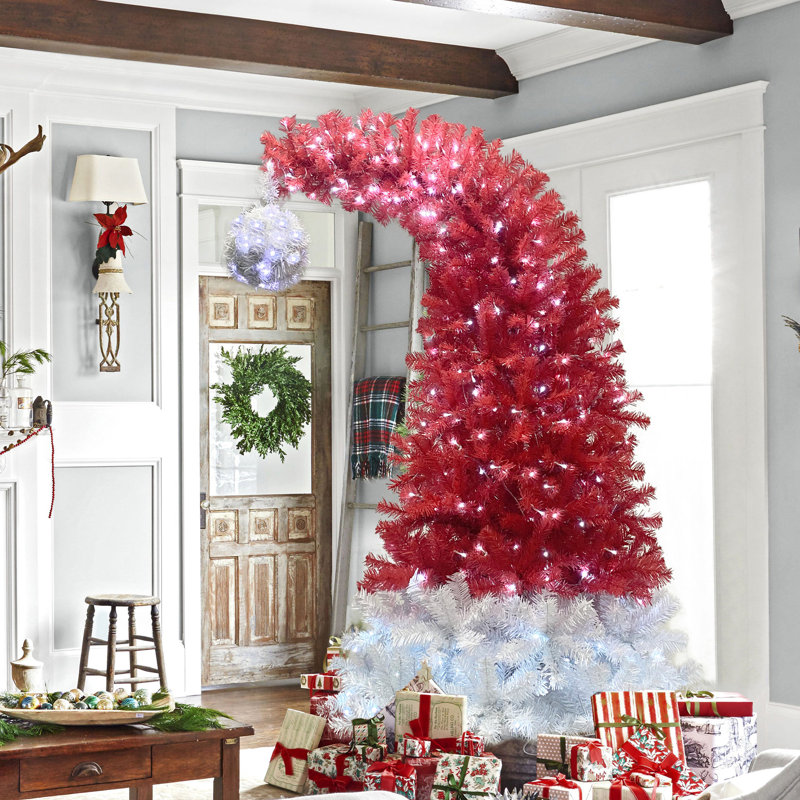 Arbre de Noël à charnière de 6 pi, 300 lumières à DEL, 1250 branches, sapin artificiel de décoration d'intérieur à thème rouge, style rouge et blanc
