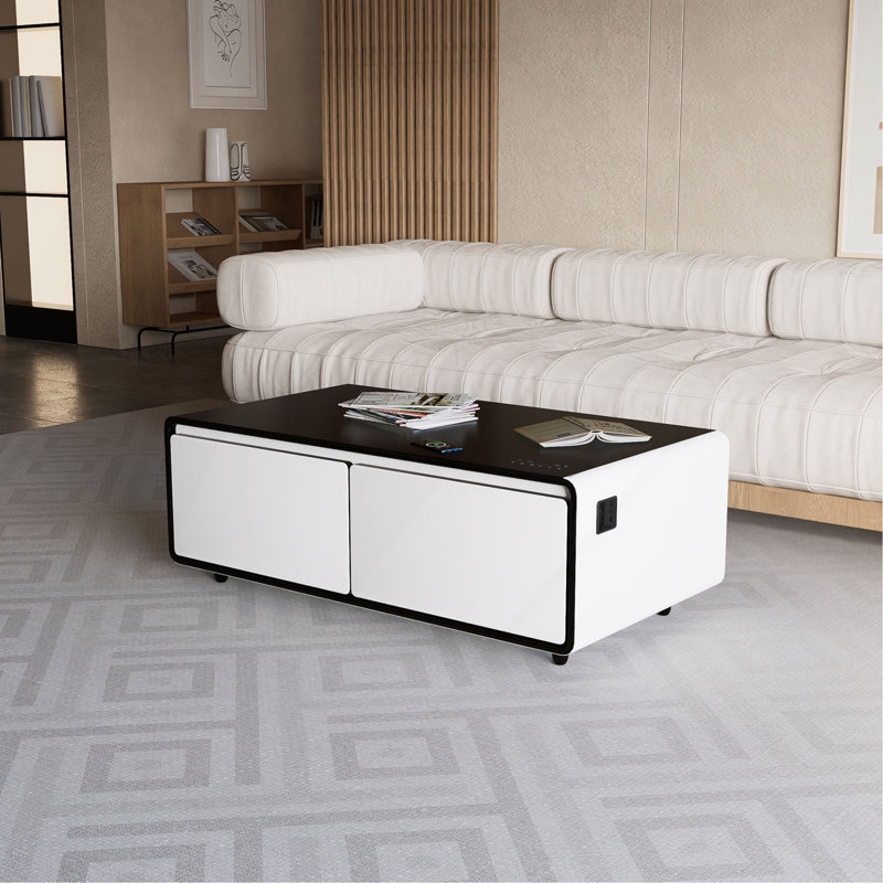 Table basse intelligente Ronin avec réfrigérateur, prises de courant, haut-parleurs Bluetooth et lumière RVB, Blanc