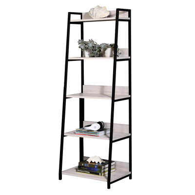 24 - Inch Wide Freestanding Rectangular Leaning Bookshelf, 5 Open Compartments, Natural Finish Paper Laminated Veneer + Shelves, Black Metal Frame, 100Lbs Limit