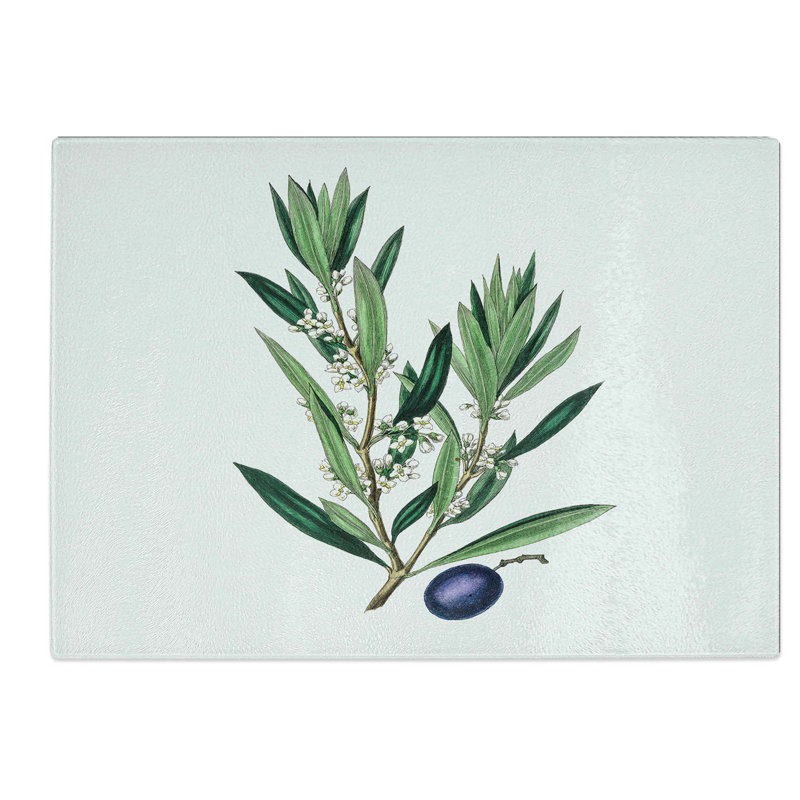 Tempered Glass Olive Tree Flowers Illustration Chopping Board, 39 cm W x 28.5 cm L