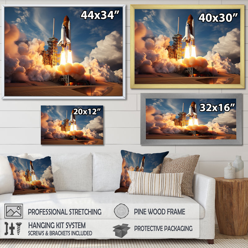 Lancement de la Navette spatiale Rayva II sur toile, Cadre simple noir, H 24 po x l 32 po x P 1 po
