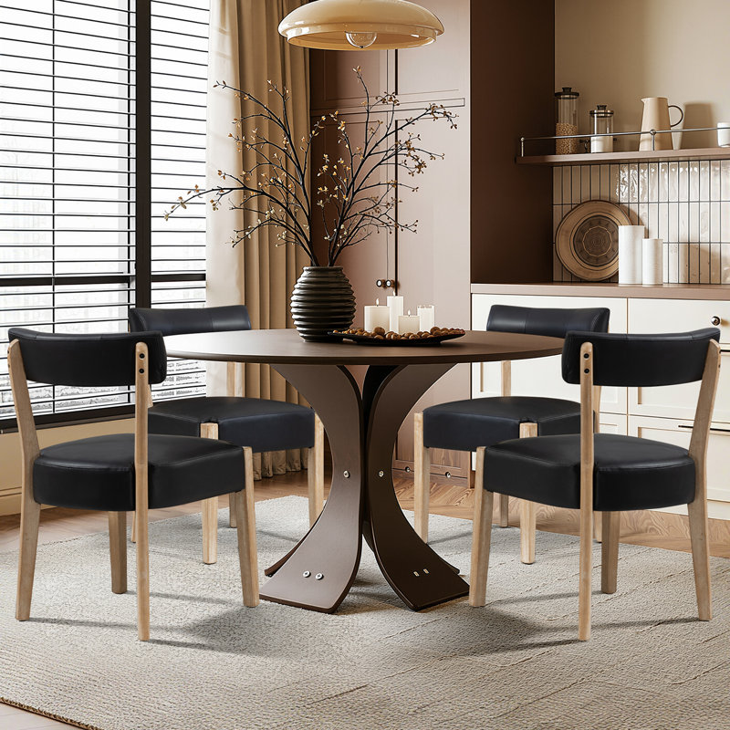 Linen Leather Solid Wood Side Dining Chairs, Beige