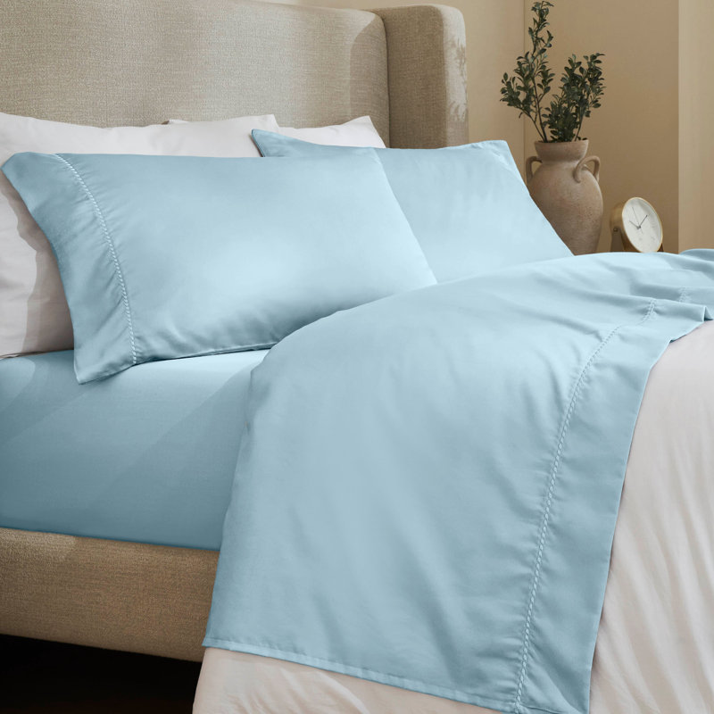 Ensemble de draps en coton mélangé à ourlet brodé 600 fils imperia, Bleu, Ensemble de draps pour lit simple TG avec 1 taie d