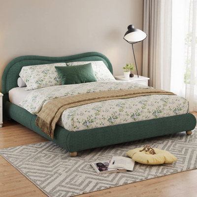 Grand lit plateforme tapissier avec tête de lit courbée, tissu chenille doux, pieds en bois de chêne, capacité de 800 lb, aucun sommier tapissier requis, conception arrondie moderne pour la chambre à coucher