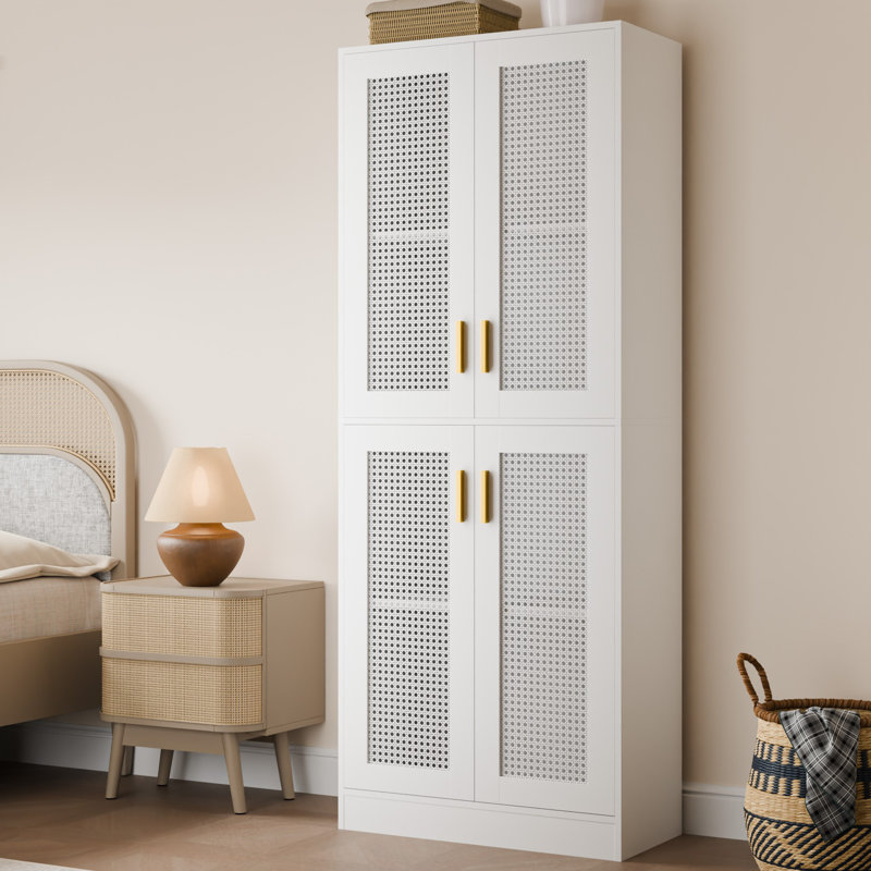 Garde-manger de 70,9 po de hauteur avec portes en rotin et tablettes réglables Levenson, Blanc