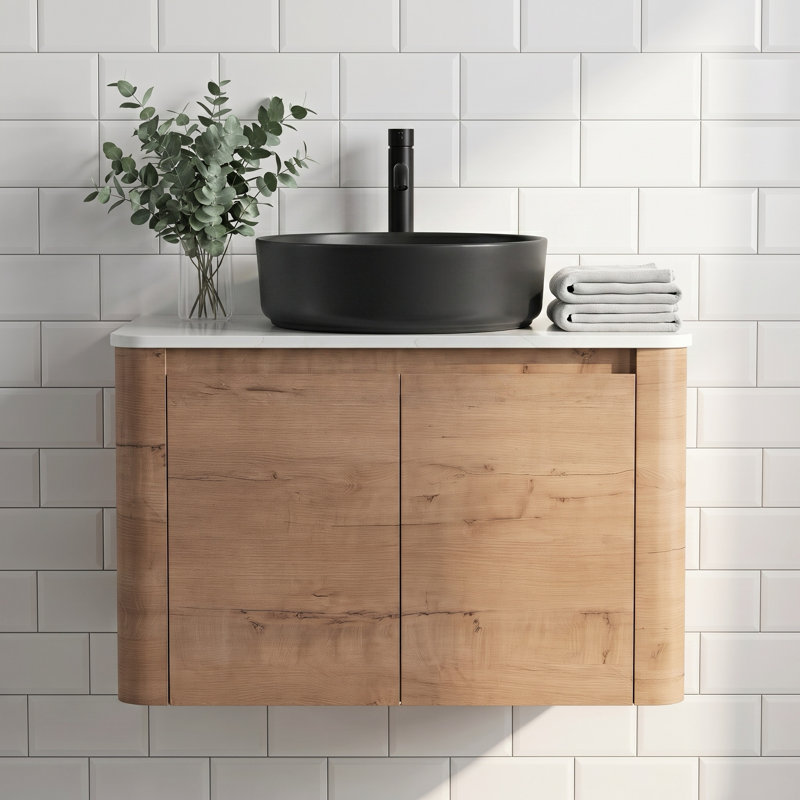 Ensemble de meuble-lavabo simple mural 30 po avec lavabo vasque noir mat et 2 portes en chêne imitation moderne