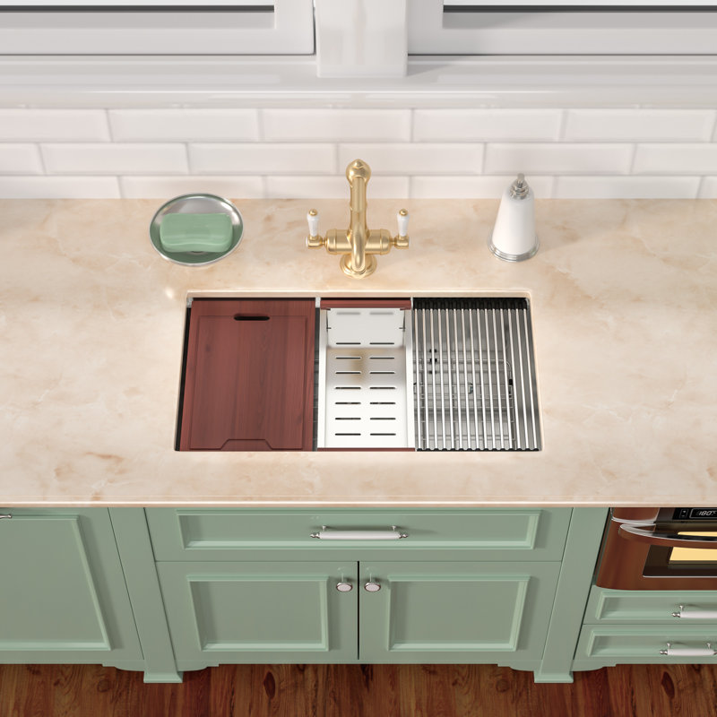 Undermount Kitchen Sink 16G Single Basin Kitchen Sink with Basket Strainer and Bottom Grid, Brushed Nickel
