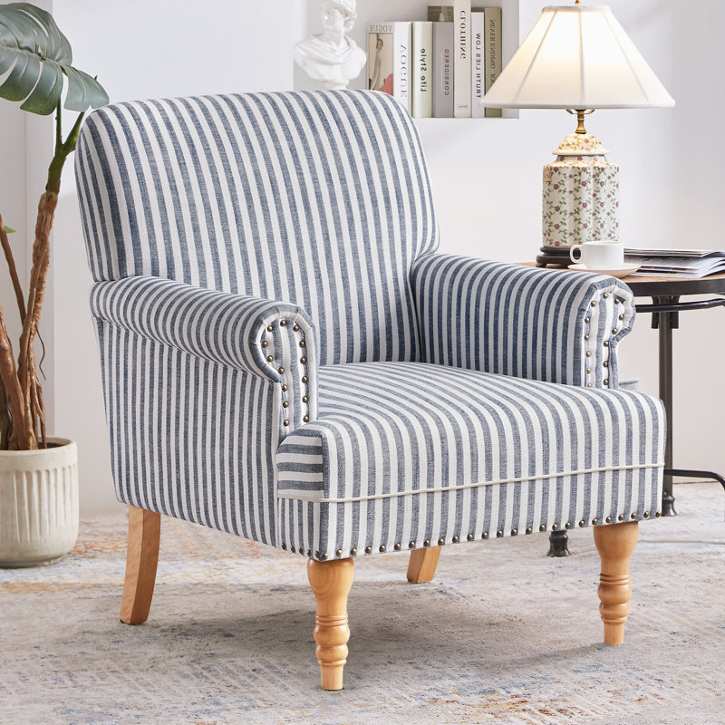 Striped Upholstered Wooden Chair with Rolled Arm, Dark Blue