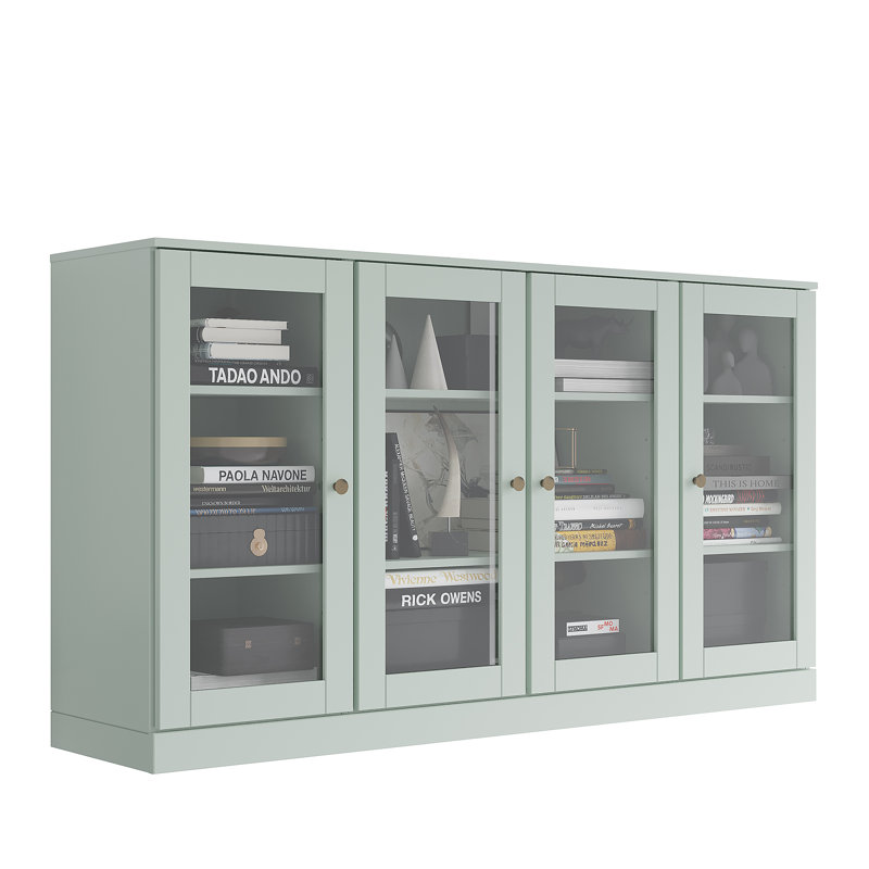 Meuble télé 100% bois massif avec portes en verre transparent et tablettes réglables pour téléviseur de 65 po ou moins, Sauge
