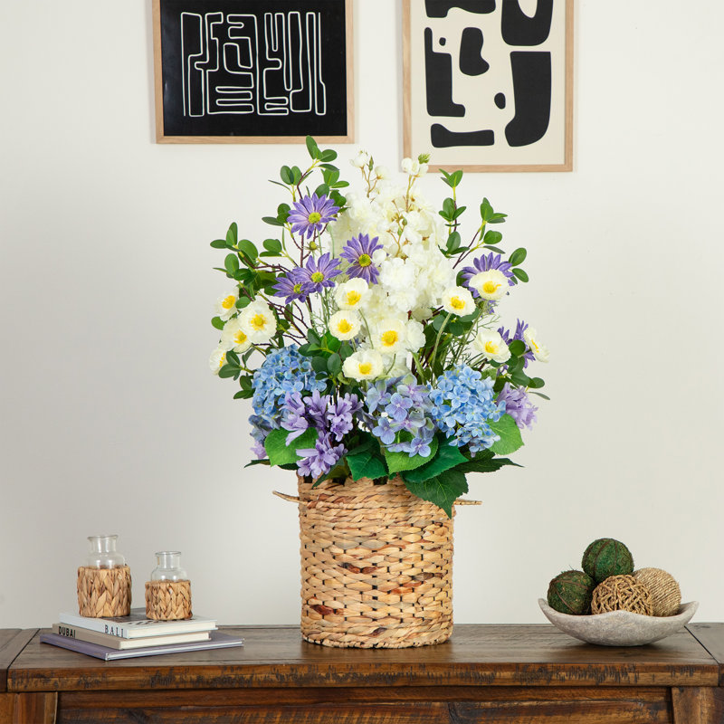 31in. Artificial Mixed Flower and Hydrangea Arrangement in Hyacinth Weave Basket