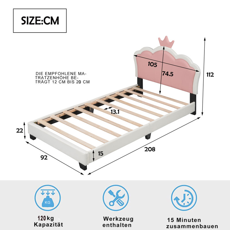 Amelia Upholstered Faux Leather Platform Bed, European Single (90 x 200cm), Pink